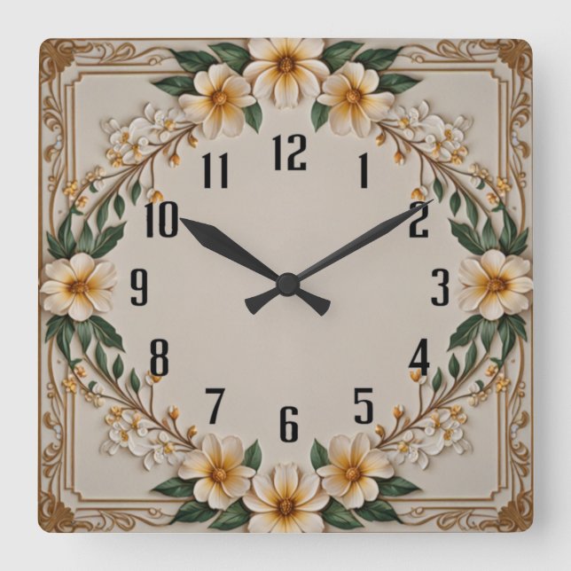 Flower Art Deco Square Wall Clock (Front)