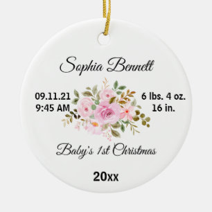 Flower Baby's First Christmas & Custom Birth Stats Ceramic Tree Decoration