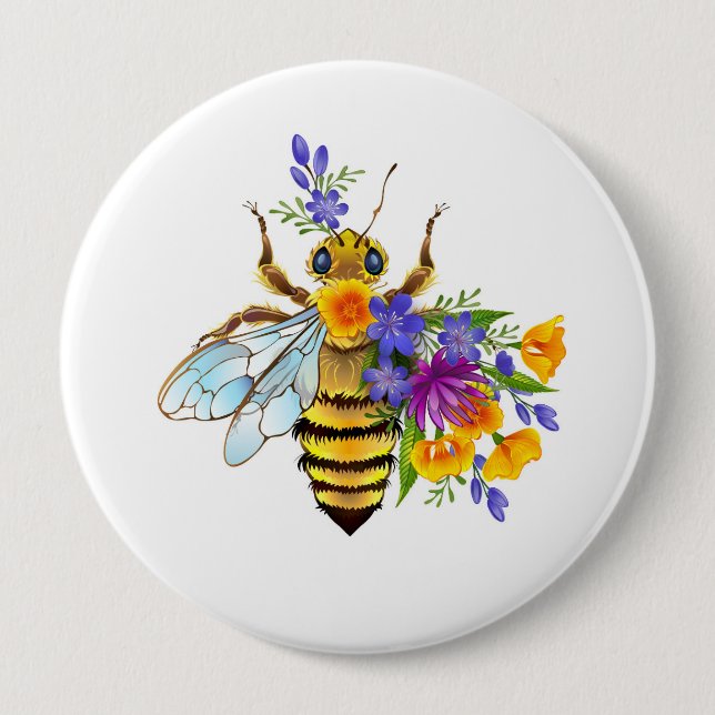 Flower bee with wild plants 10 cm round badge (Front)