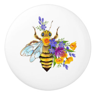Flower bee with wild plants ceramic knob