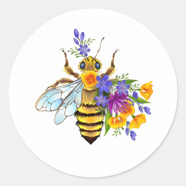 Flower bee with wild plants classic round sticker (Front)
