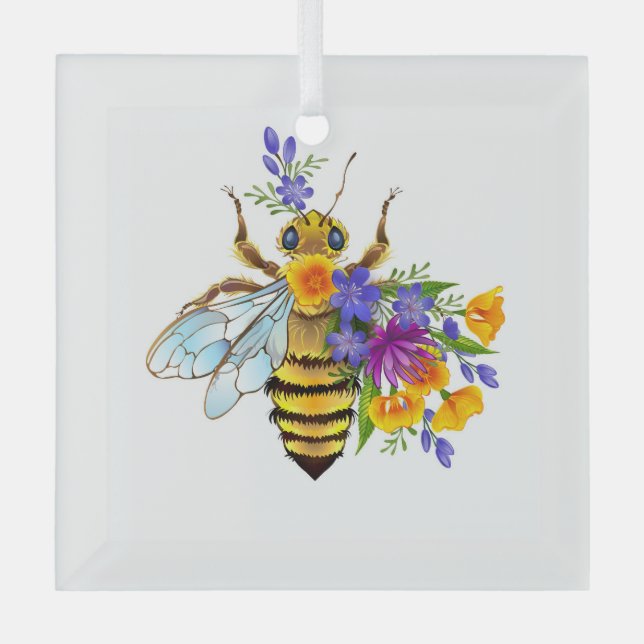 Flower bee with wild plants glass tree decoration (Front)