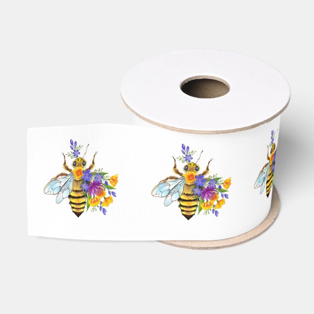 Flower bee with wild plants grosgrain ribbon (Spool)
