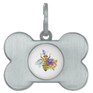 Flower bee with wild plants pet ID tag