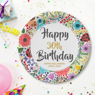 Flower Birthday Party Any Age Name Gold Custom Paper Plate
