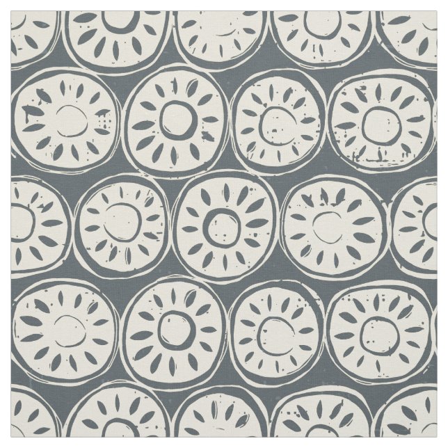 flower block ivory pewter fabric (Swatch)