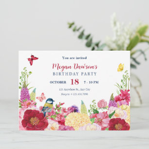 Flower bloom bird butterfly birthday invitation