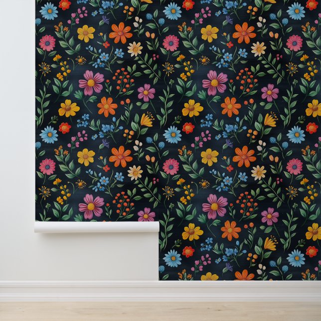 Flower Blossom Pattern Chalk Drawings Black Bckg Wallpaper (Application)