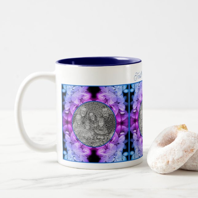 Flower Blossoms Abstract Tinted Add Your Photo Two-Tone Coffee Mug (With Donut)