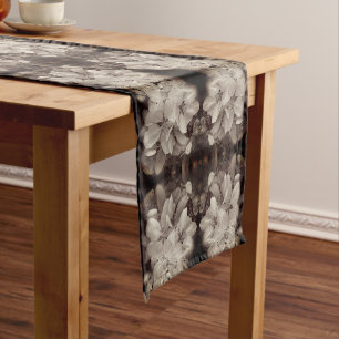 Flower Blossoms Black And White Art Tint  Short Table Runner