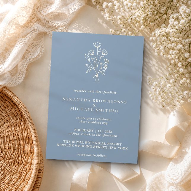 Flower Boho Minimal Botanical Dusty Blue Wedding Invitation (Creator Uploaded)