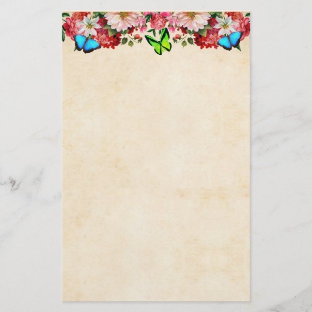 Flower Border and Butterflies Stationery (Front)