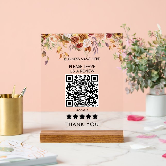 Flower Border Please Leave Us A Review QR Code Acrylic Sign (Wedding)