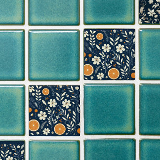 flower botanical blue tile