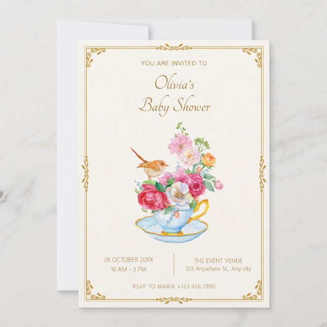 Flower bouquet aesthetic tea cup baby shower invitation (Front)