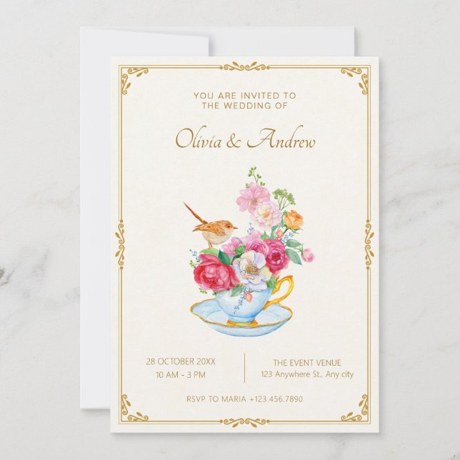 Flower bouquet aesthetic tea cup wedding invitation (Front)