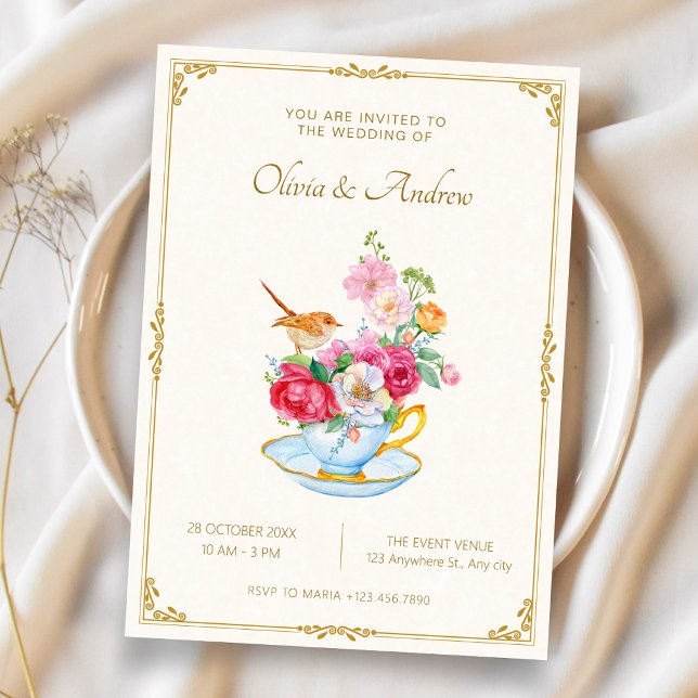 Flower bouquet aesthetic tea cup wedding invitation (Creator Uploaded)