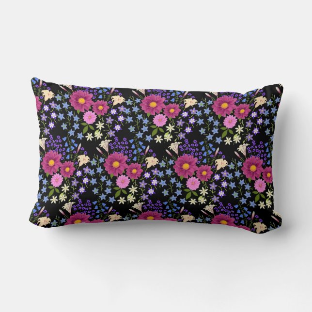 Flower Bouquet Black Lumbar Pillow (Back)