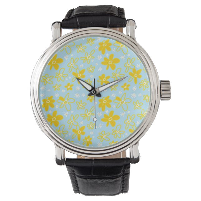 Flower Bouquet Daisy Meadow Sky Yellow White Watch (Front)
