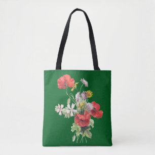 Flower Bouquet, Hunter Green Background, Tote Bag