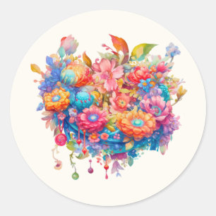 Flower Bouquet in Pink Orange & Blue Boho Classic Round Sticker