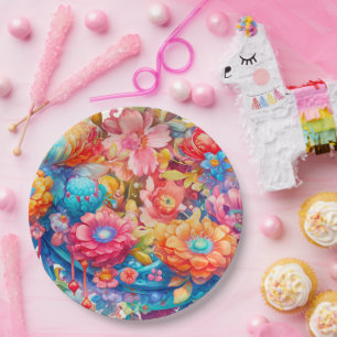 Flower Bouquet in Pink Orange & Blue Boho Paper Plate