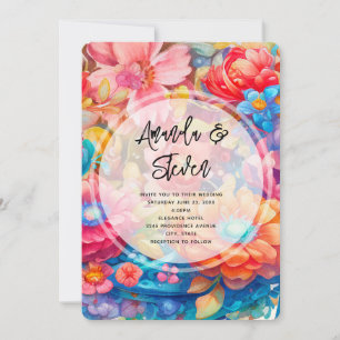 Flower Bouquet in Pink Orange & Blue Boho Wedding Invitation
