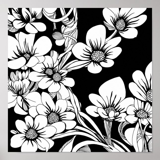 Flower Bouquet Nature Floral Ink Colouring Page Po Poster (Front)