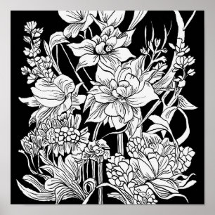 Flower Bouquet Nature Floral Ink Colouring Page Poster