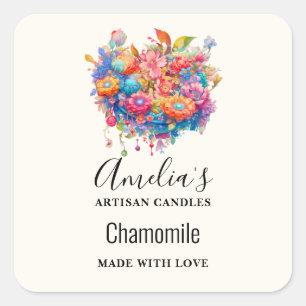 Flower Bouquet Orange & Blue Boho Candle Business Square Sticker