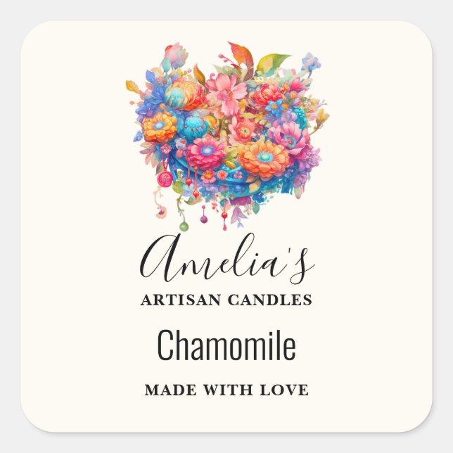 Flower Bouquet Orange & Blue Boho Candle Business Square Sticker (Front)