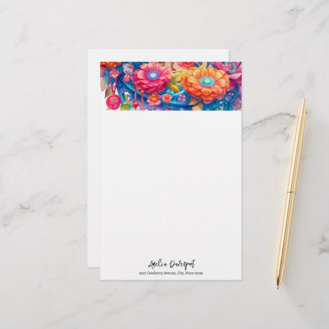 Flower Bouquet Orange & Blue Boho Stationery (Front/Back In Situ)