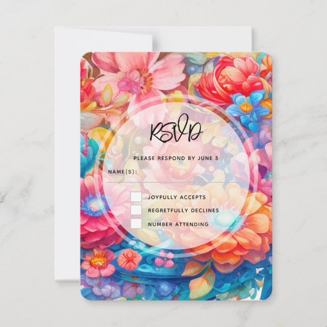 Flower Bouquet Orange & Blue Boho Wedding RSVP Card (Front)