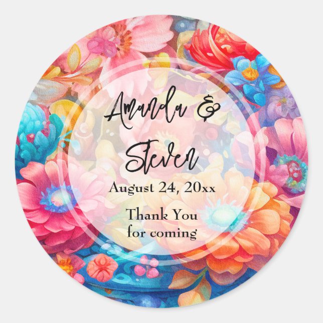 Flower Bouquet Pink & Orange Wedding Thank You Classic Round Sticker (Front)