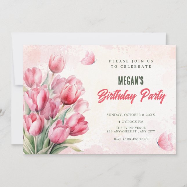 Flower bouquet tulips birthday invitation (Front)