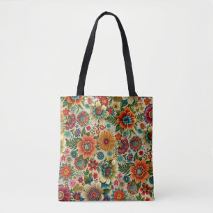 Flower brown purple orange cottagecore Pattern Tote Bag