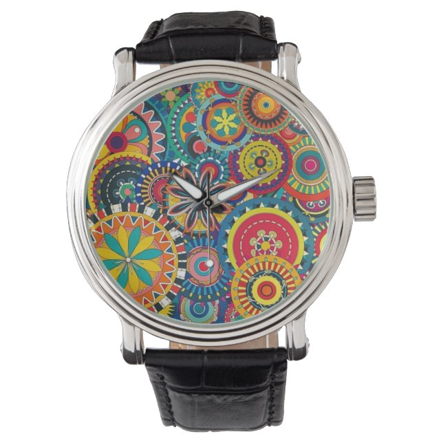 Flower Bursts Vintage Leather Strap Black Watch (Front)