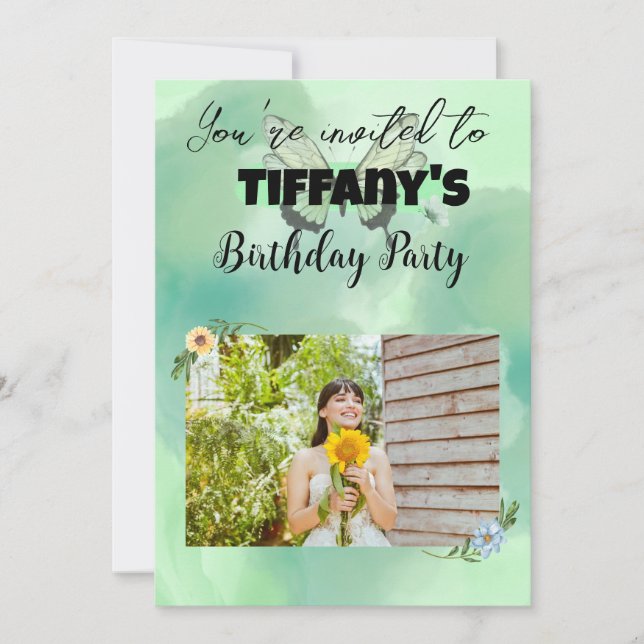 Flower & Butterfly add your photo Invitation (Front)