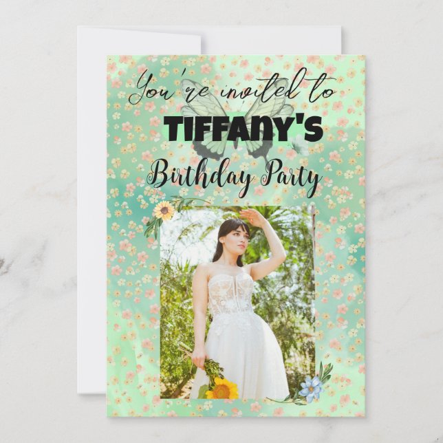 Flower & Butterfly birthday Invitation (Front)