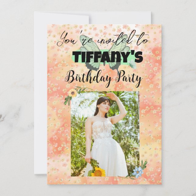 Flower & Butterfly birthday Invitation (Front)