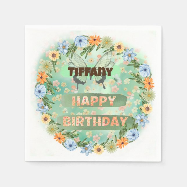 Flower & Butterfly Birthday  Napkin (Front)