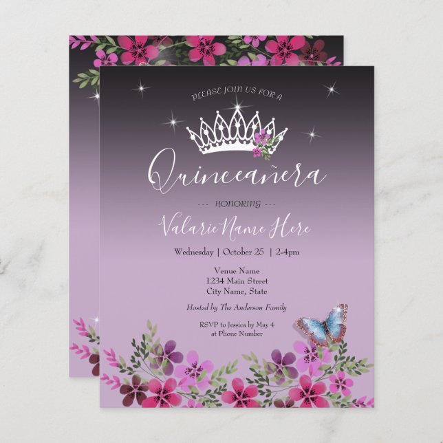 Flower Butterfly Quinceanera Budget Invitation (Front/Back)