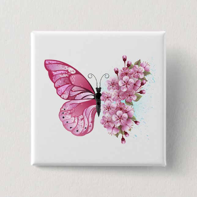 Flower Butterfly with Pink Sakura 15 Cm Square Badge (Front)