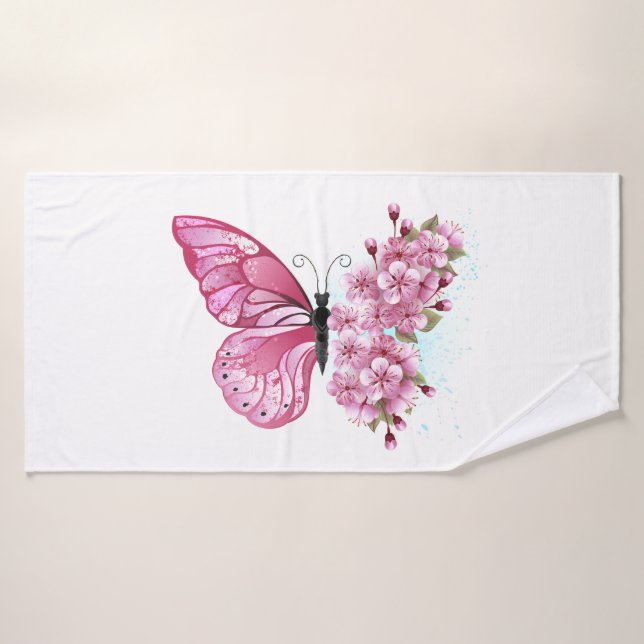 Flower Butterfly with Pink Sakura Bath Towel (Bath Towel)