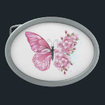 Flower Butterfly with Pink Sakura Belt Buckle<br><div class="desc">Flower arrangement of pink butterfly with pink Japanese cherry blossoms on white background.</div>