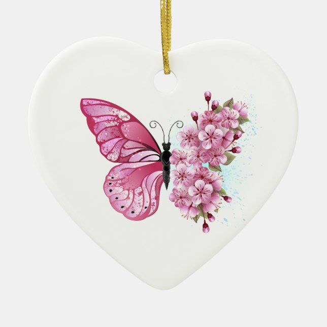 Flower Butterfly with Pink Sakura Ceramic Tree Decoration (Front)