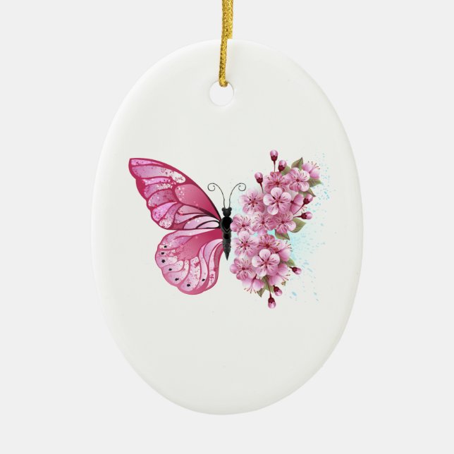 Flower Butterfly with Pink Sakura Ceramic Tree Decoration (Front)