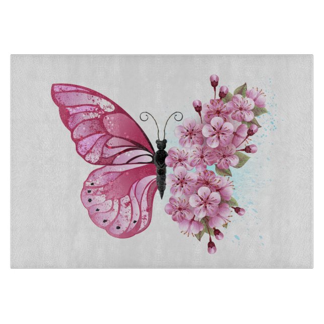 Flower Butterfly with Pink Sakura Cutting Board (Front)