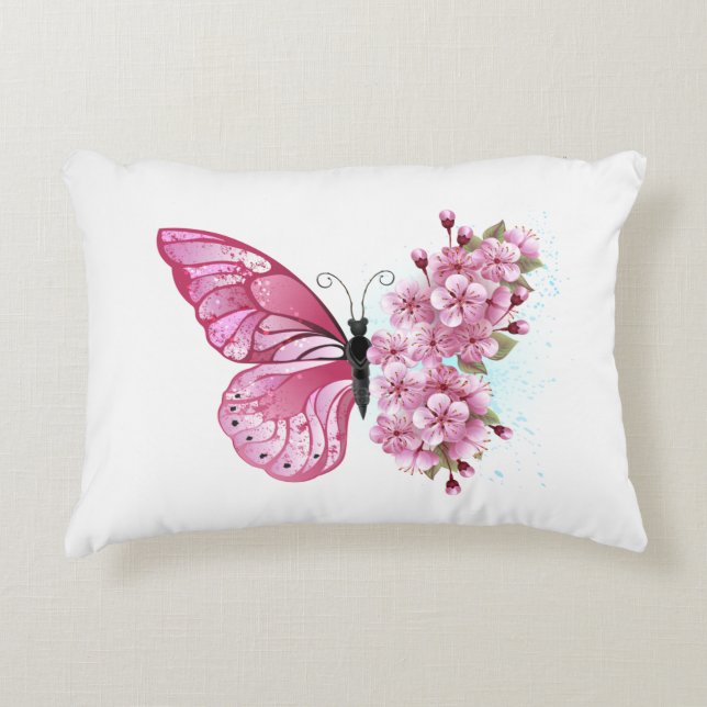 Flower Butterfly with Pink Sakura Decorative Cushion (Front)