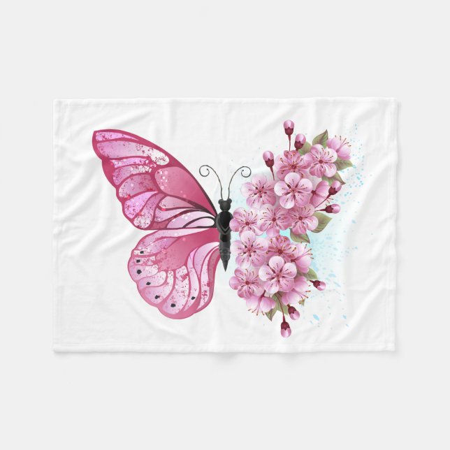 Flower Butterfly with Pink Sakura Fleece Blanket (Front (Horizontal))